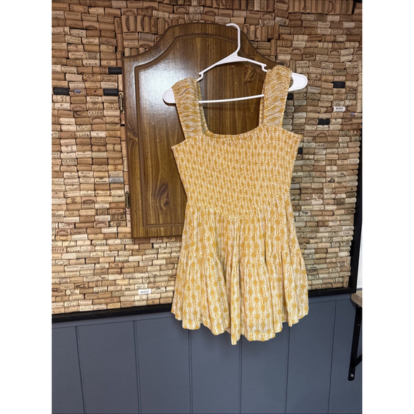 Free People Dresses & Skirts - FREE PEOPLE Sweet Annie Smocked Mini Dress Mustard Block Print Floral Sz small